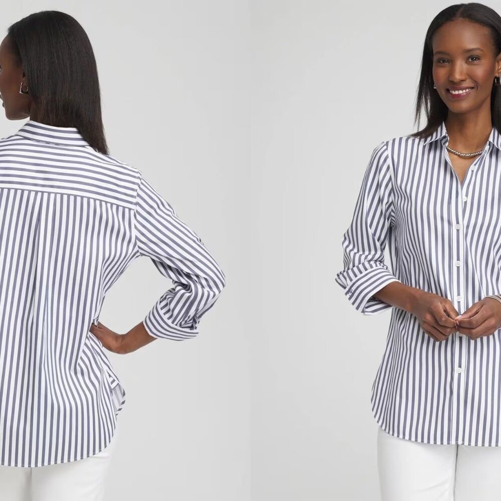 CHICO'S no iron stretch 3/4 sleeve stripe shirt (0/US4) - Picture 2 of 16